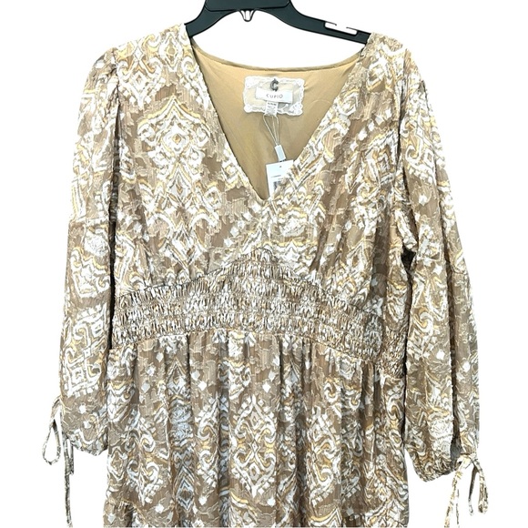 Cupio Boho Smocked Ikat Midi Dress Tiered Flowy V Neck Brown Tan XL NWT - Picture 13 of 16